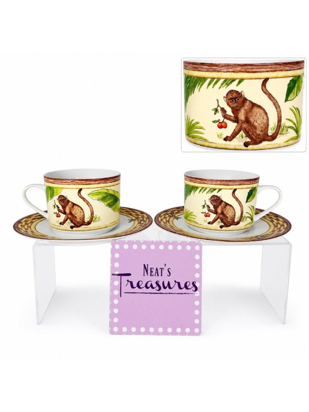 American Atelier MONKEY 5029 Jungle Bamboo 8 oz Porcelain Cup & Saucers Set of 2